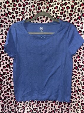 wonder nation Blue Ribbed Short Sleeve Tee with Lettuce Edge